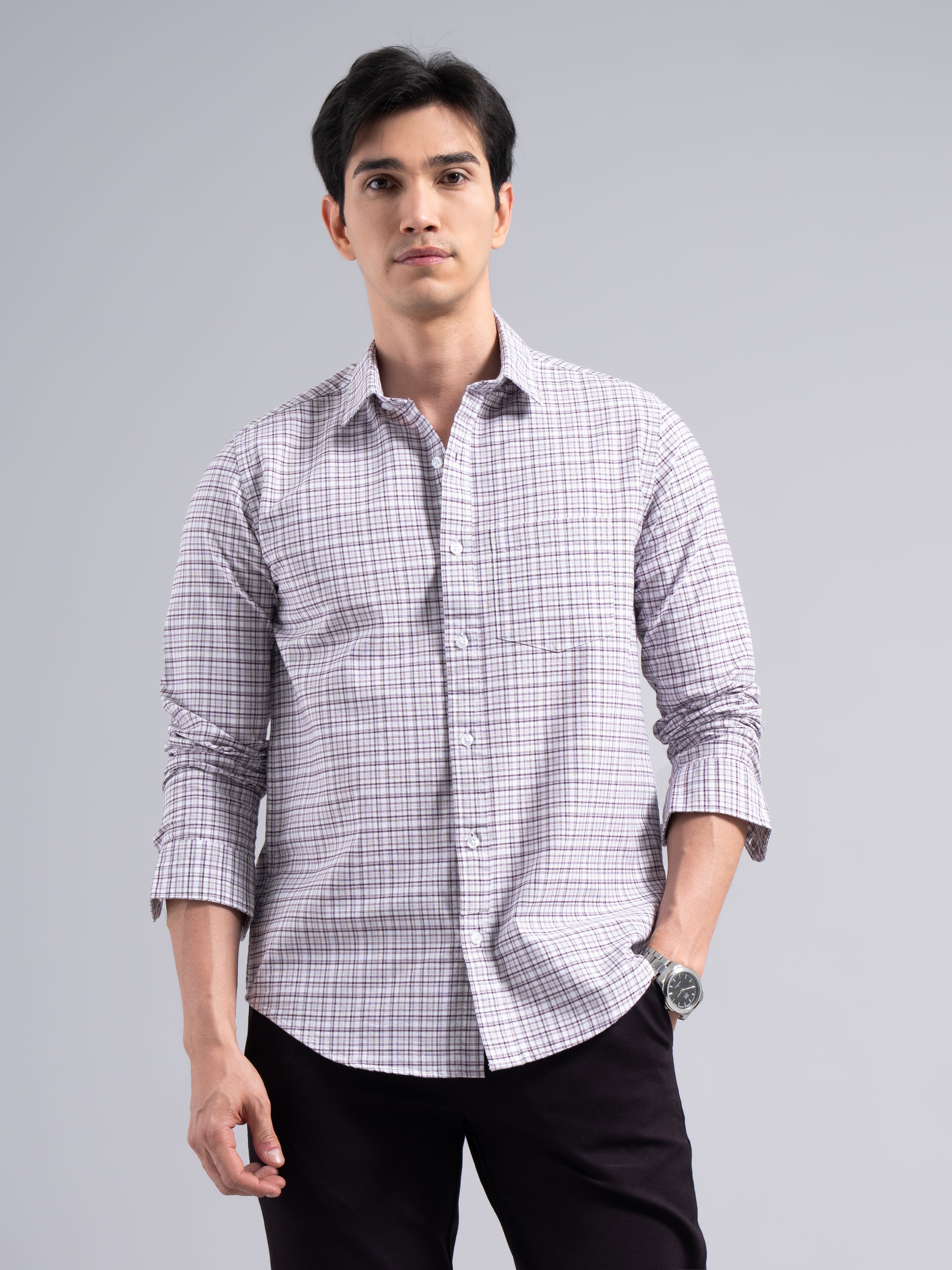 Soft Pastel-Check Cotton Shirt – Purple