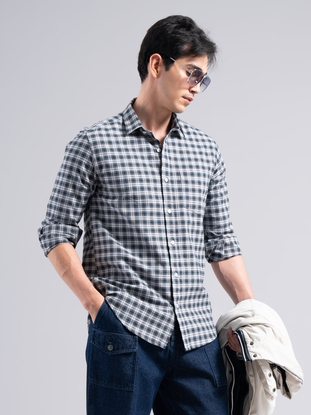 Small-Check Cotton Shirt – Black & Blue