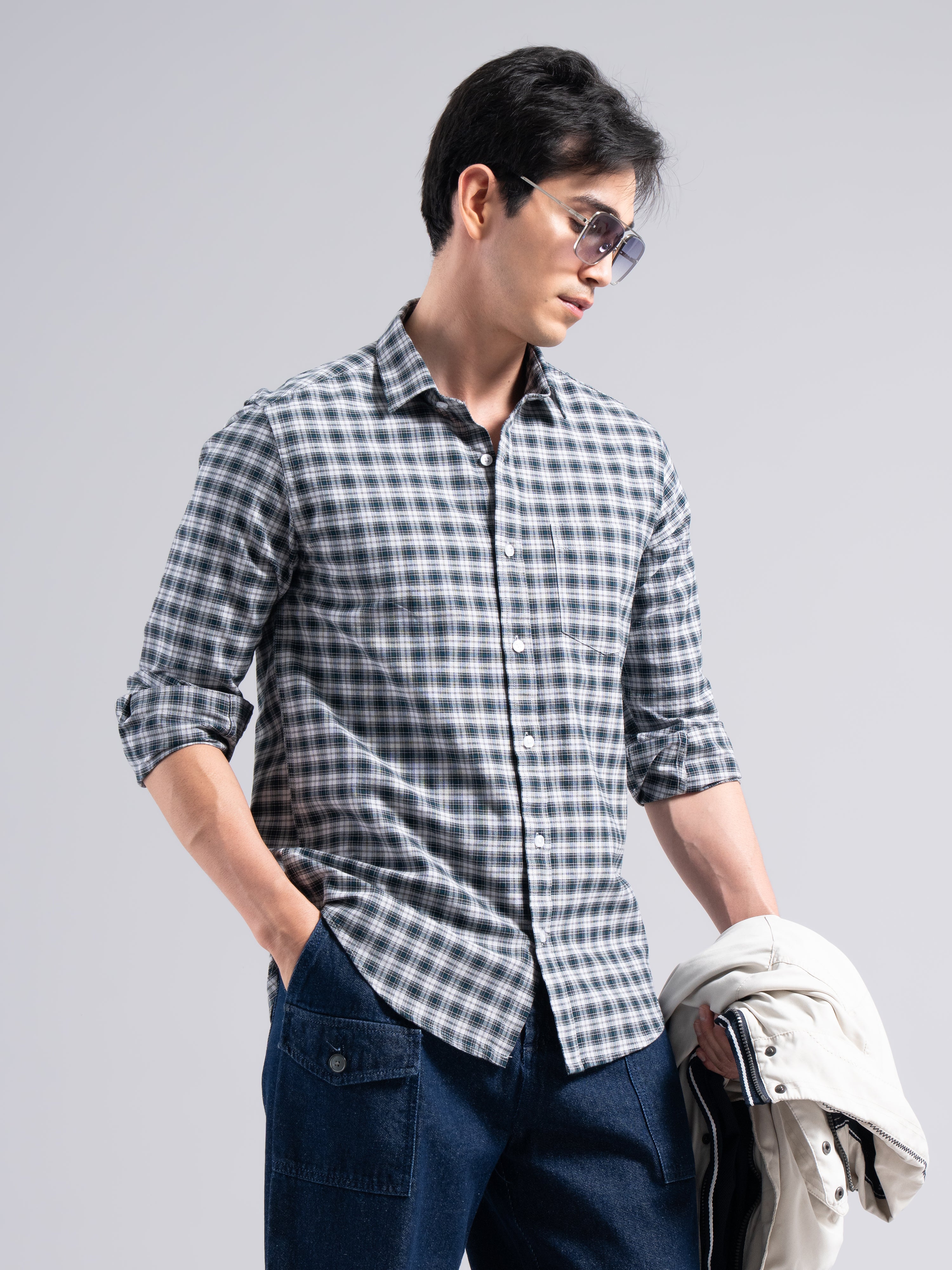 Small-Check Cotton Shirt – Black & Blue