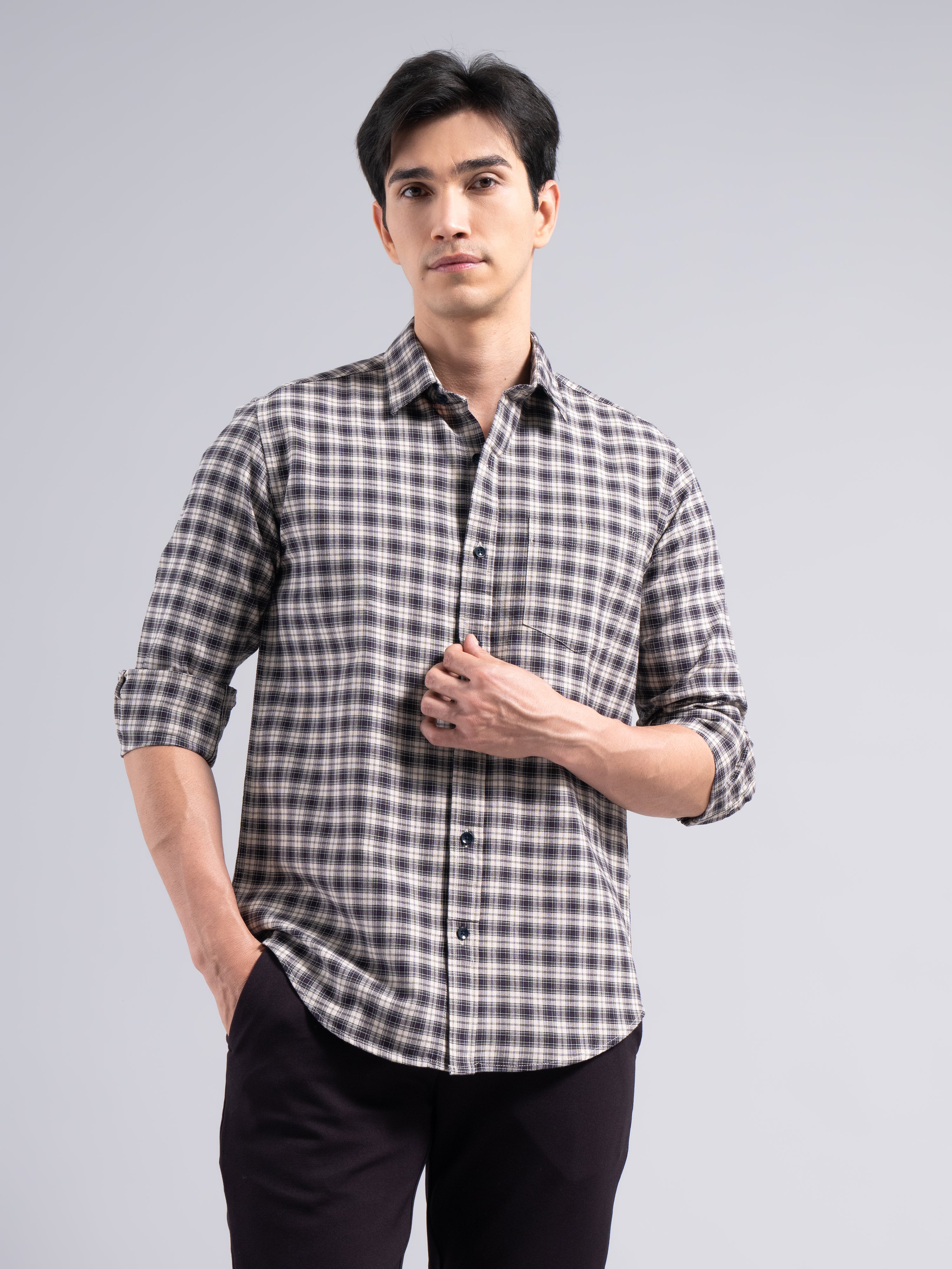 Small-Check Cotton Shirt – Black