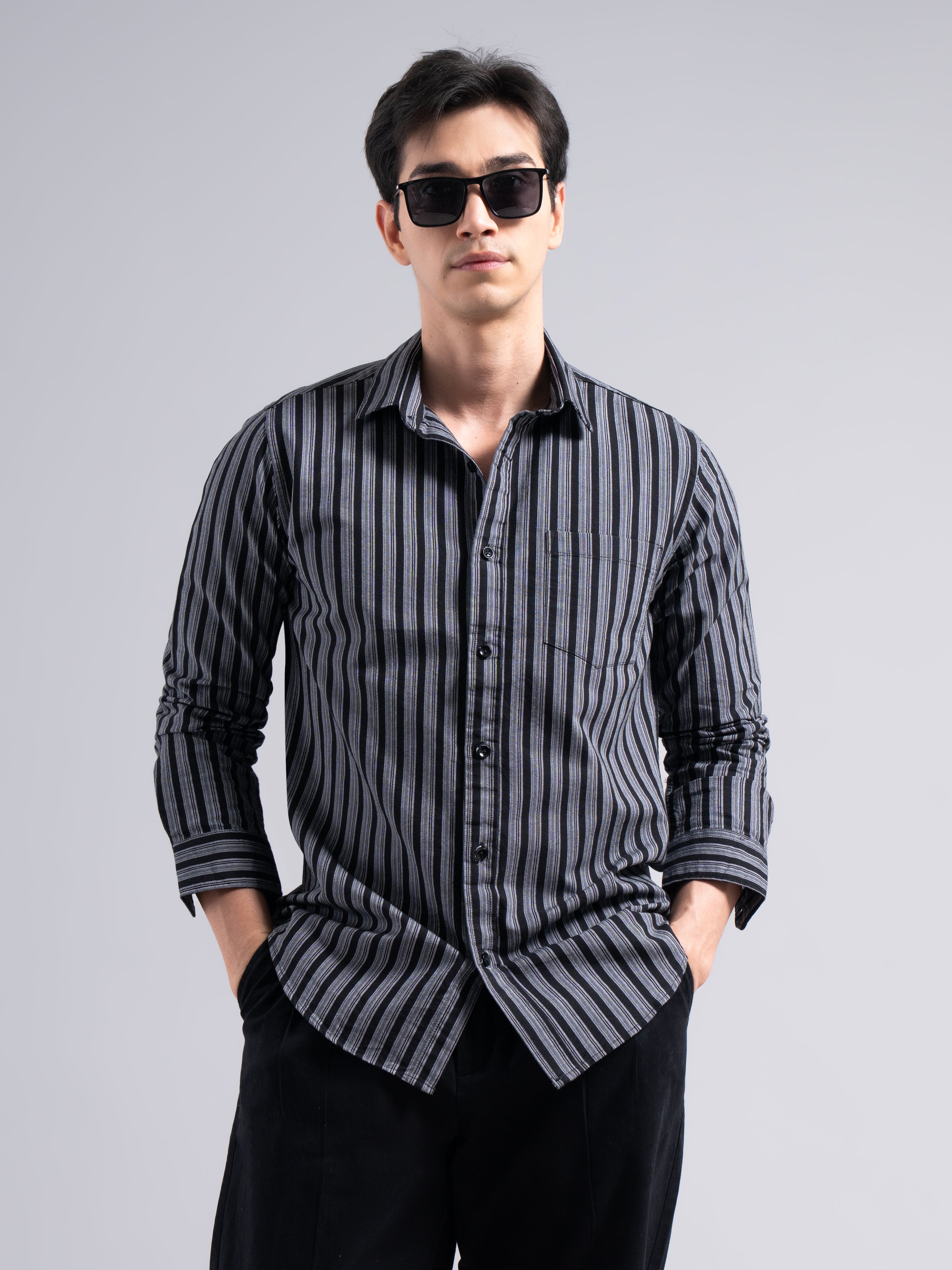 Classic Pinstripe Cotton Shirt – Black