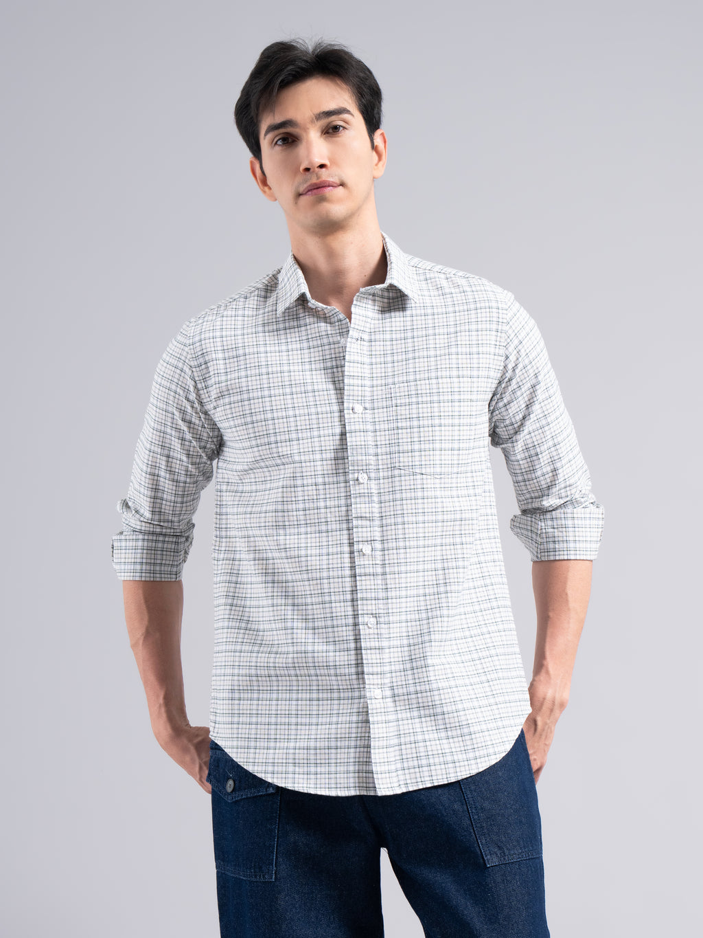 Soft Pastel-Check Cotton Shirt – Beige & Blue