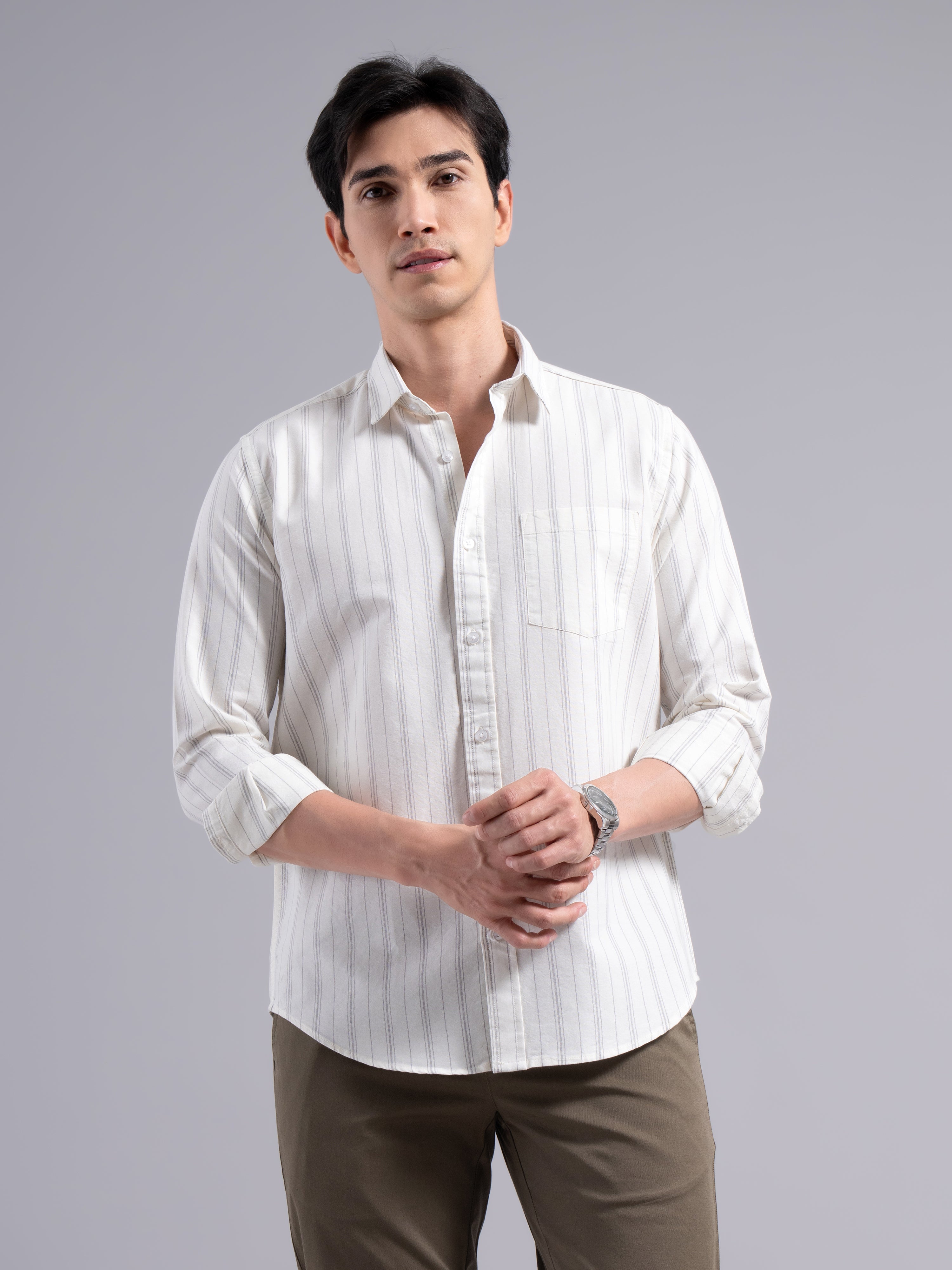 Classic Multi-Stripe Cotton Shirt – Grey