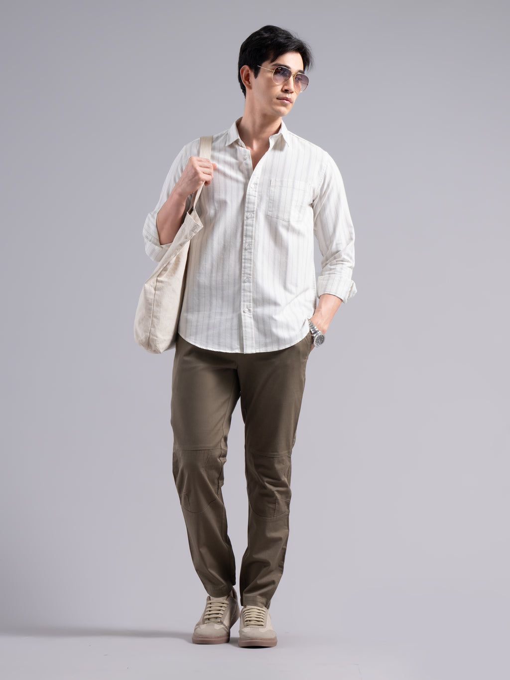 Classic Multi-Stripe Cotton Shirt – Grey