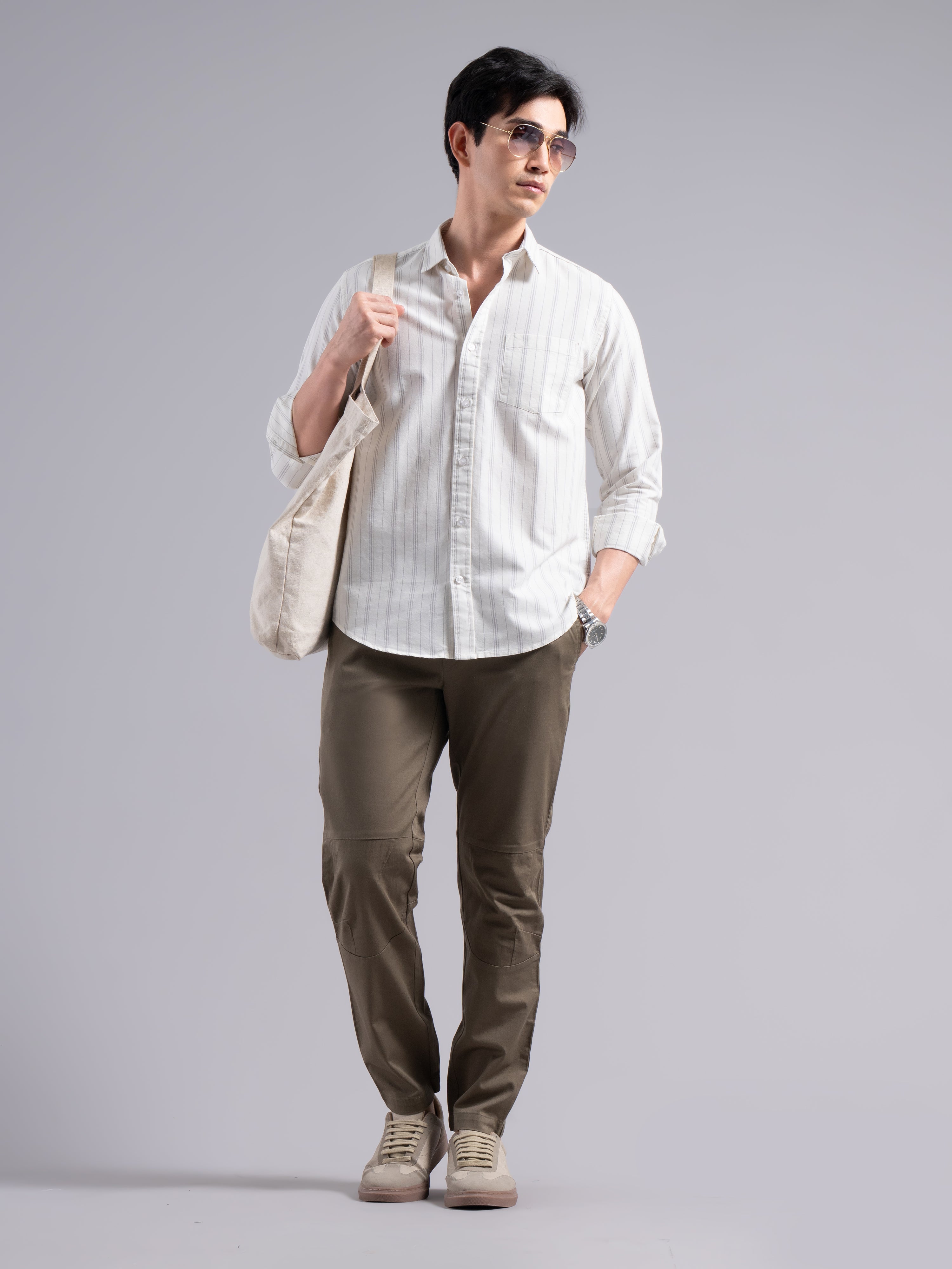 Classic Multi-Stripe Cotton Shirt – Grey