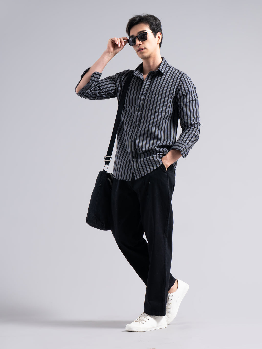 Classic Pinstripe Cotton Shirt – Black