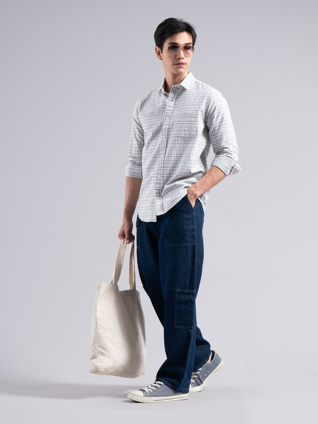 Soft Pastel-Check Cotton Shirt – Beige & Blue