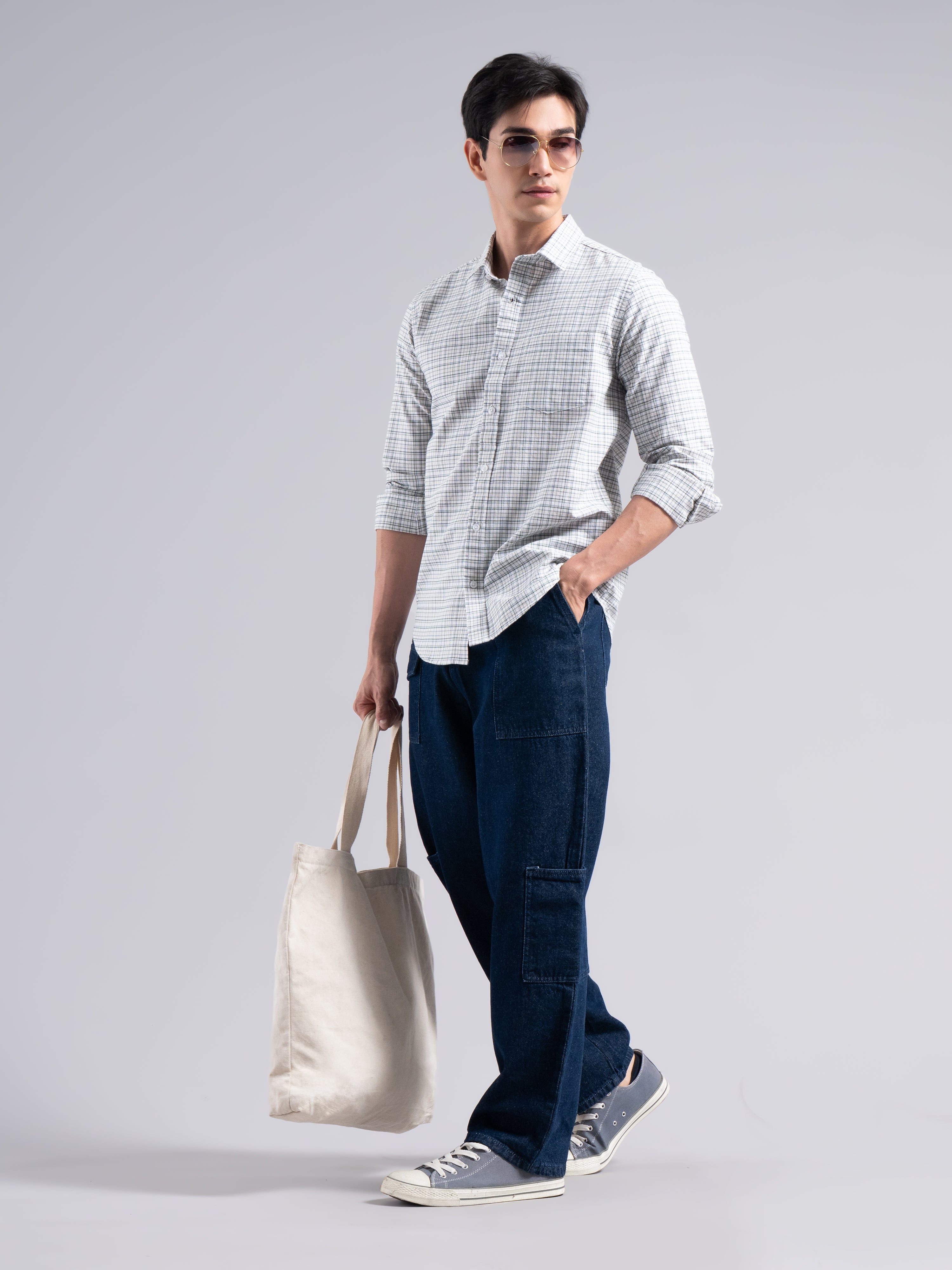 Soft Pastel-Check Cotton Shirt – Beige & Blue