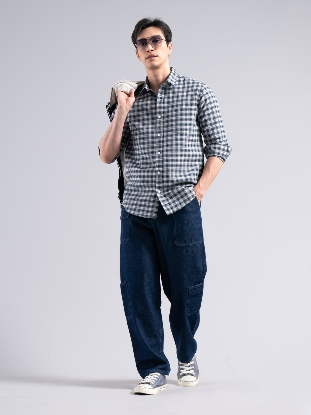 Small-Check Cotton Shirt – Black & Blue