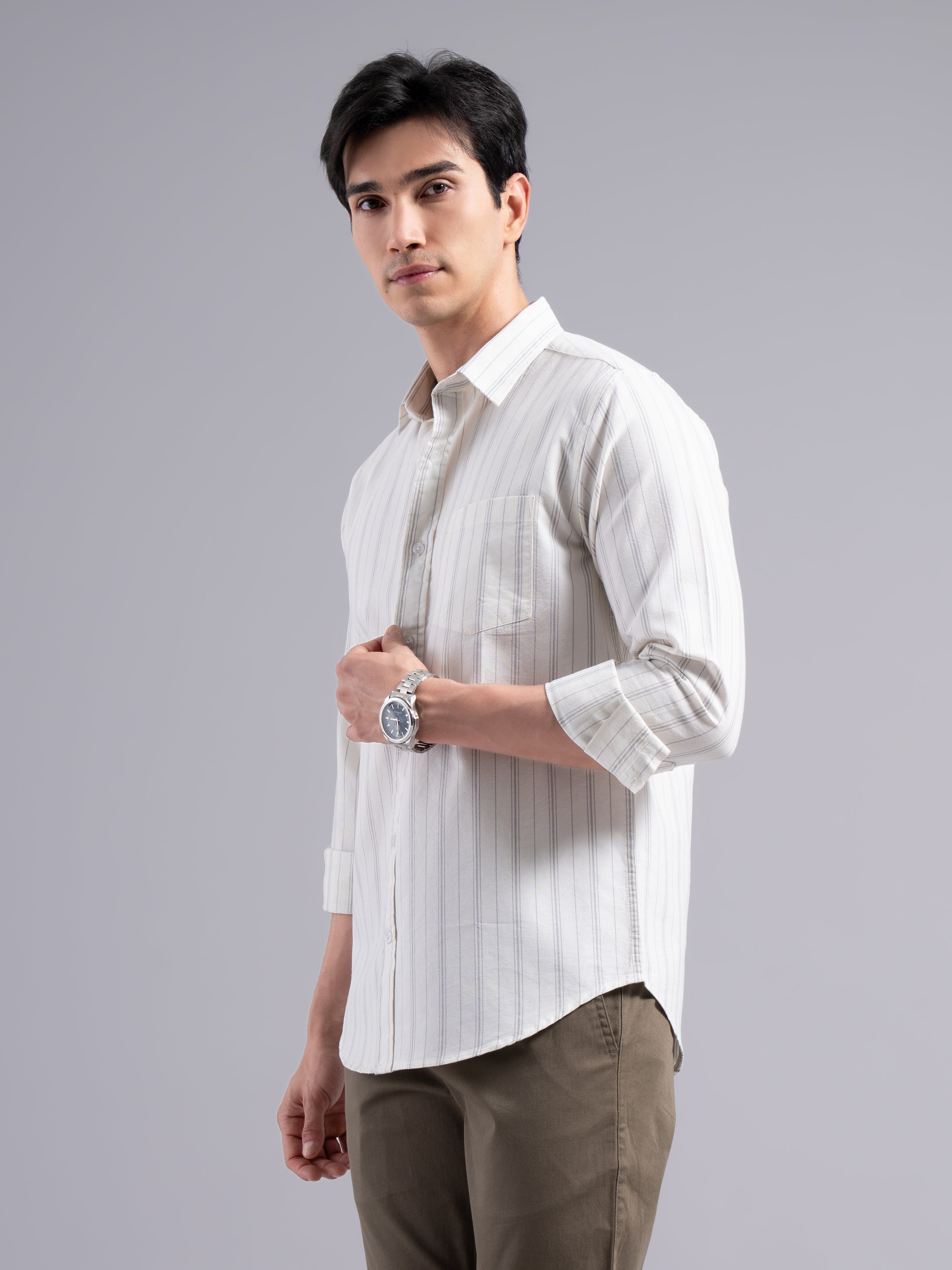 Classic Multi-Stripe Cotton Shirt – Grey