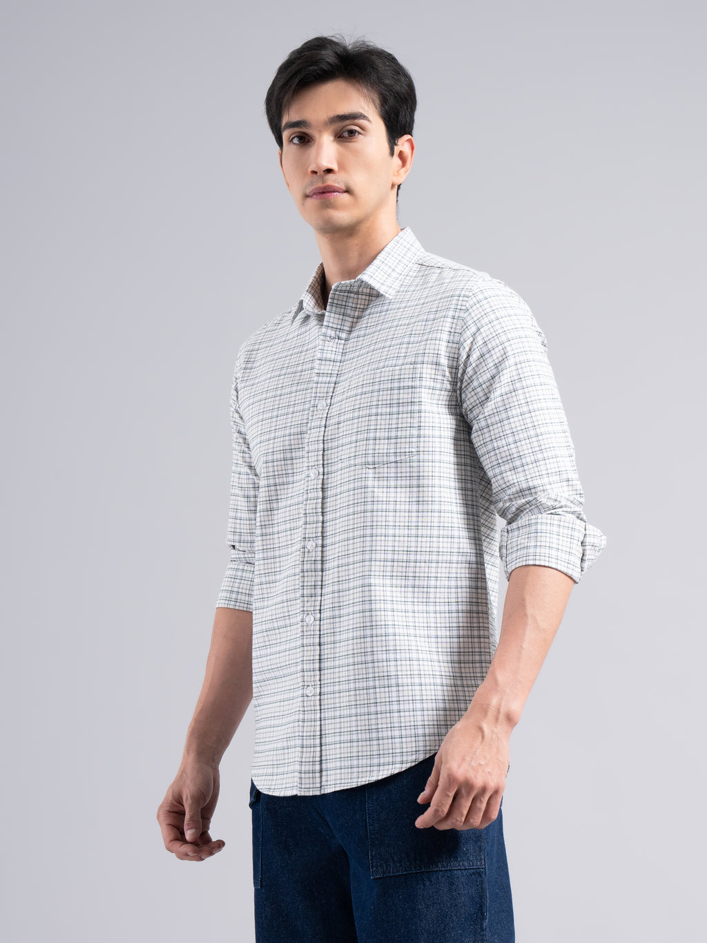Soft Pastel-Check Cotton Shirt – Beige & Blue