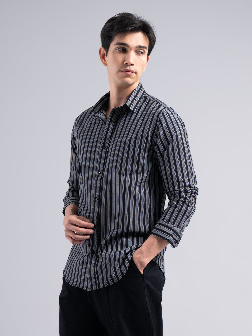 Classic Pinstripe Cotton Shirt – Black