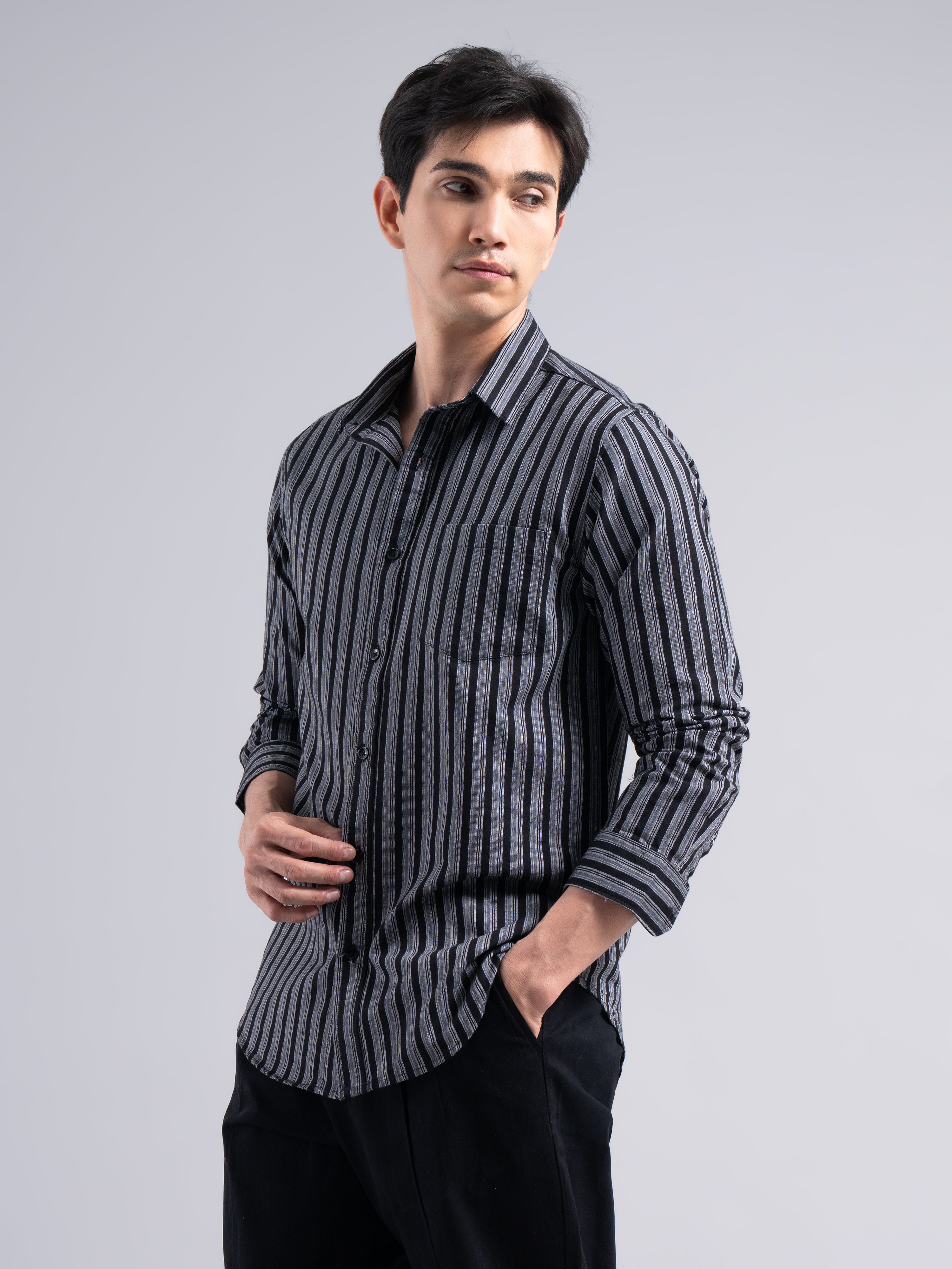 Classic Pinstripe Cotton Shirt – Black