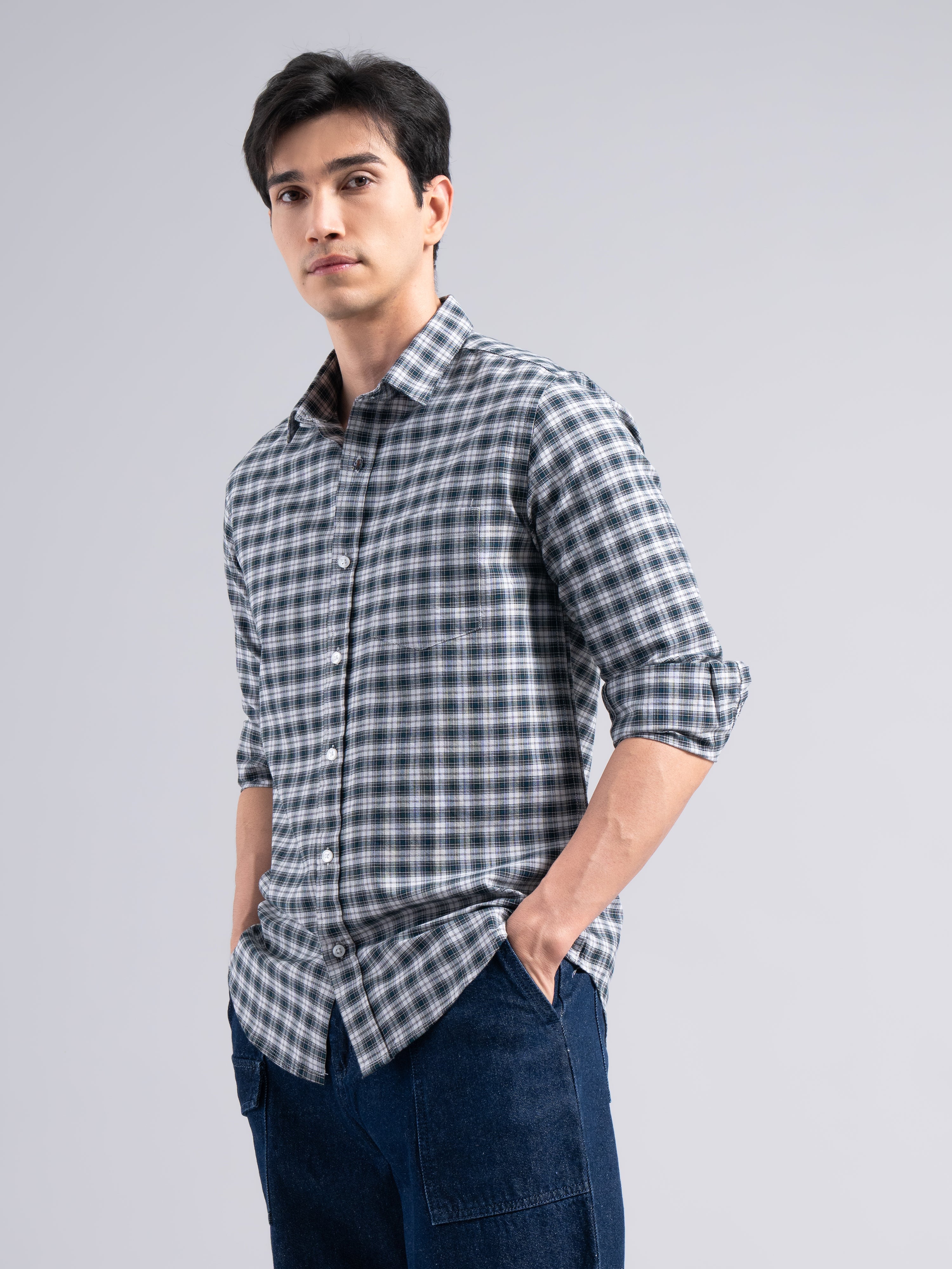 Small-Check Cotton Shirt – Black & Blue