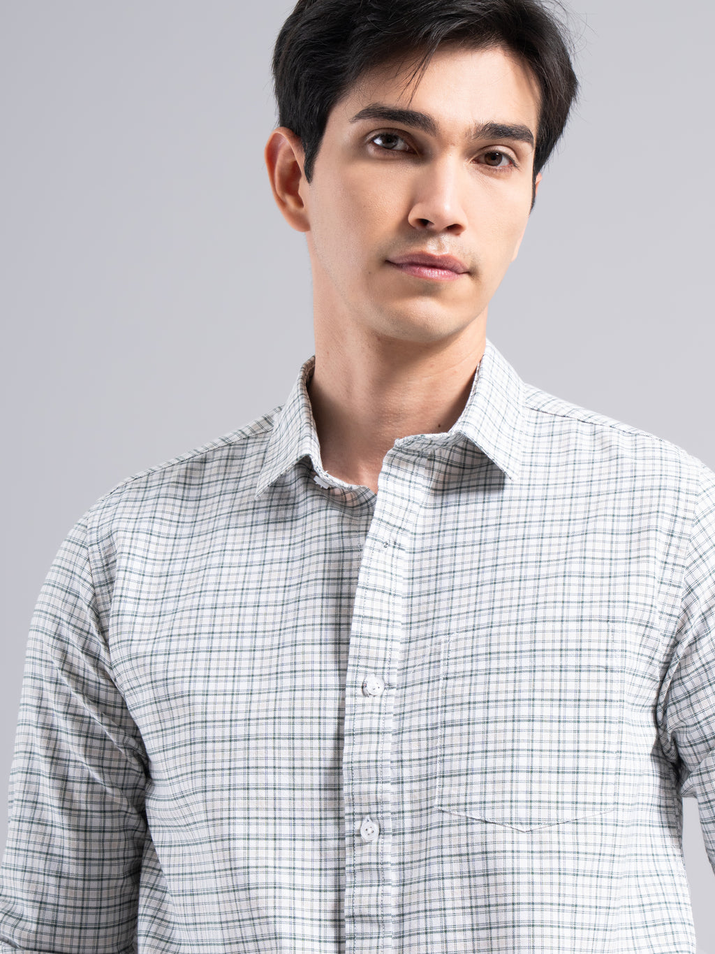 Soft Pastel-Check Cotton Shirt – Beige & Blue