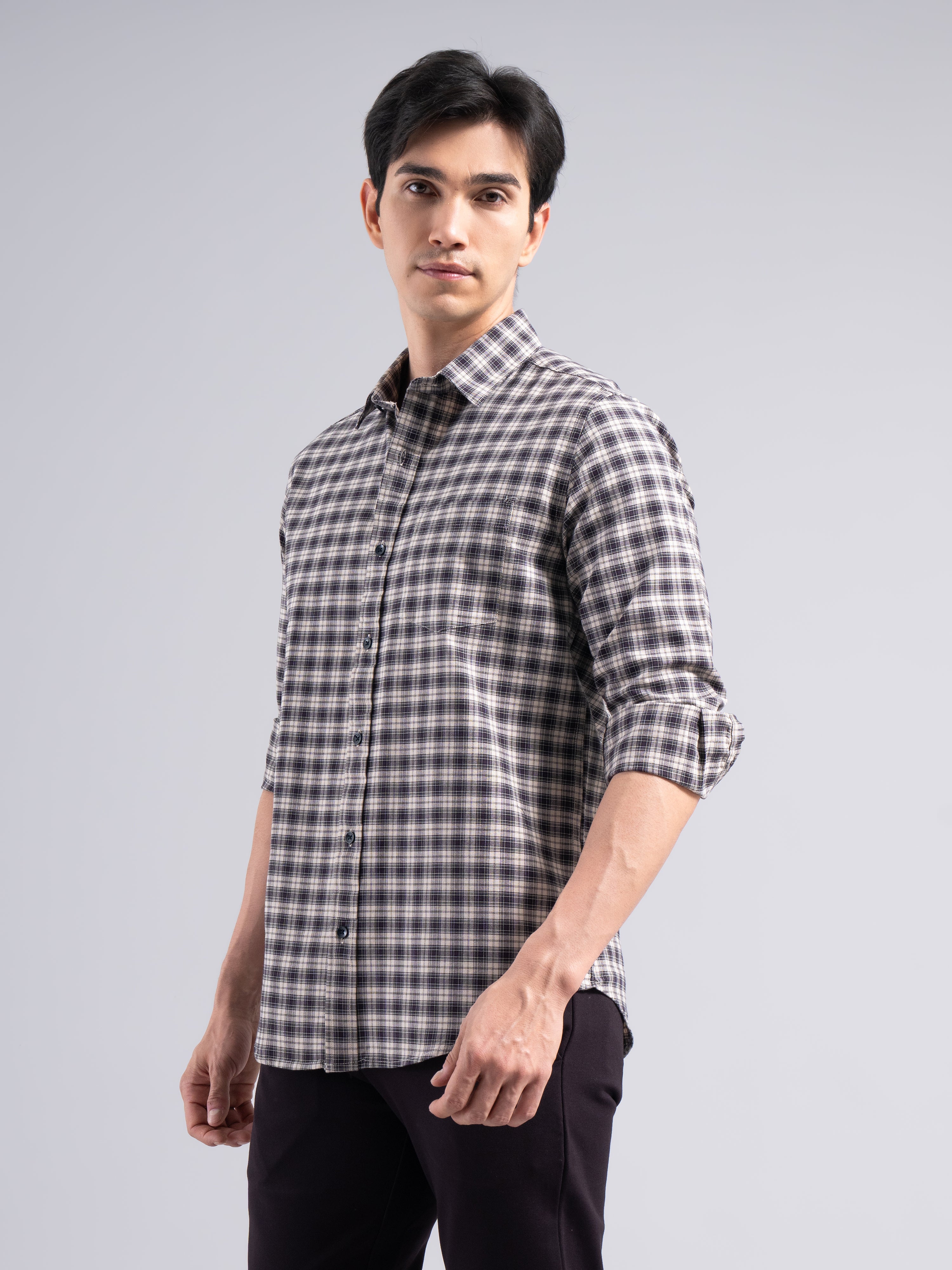 Small-Check Cotton Shirt – Black