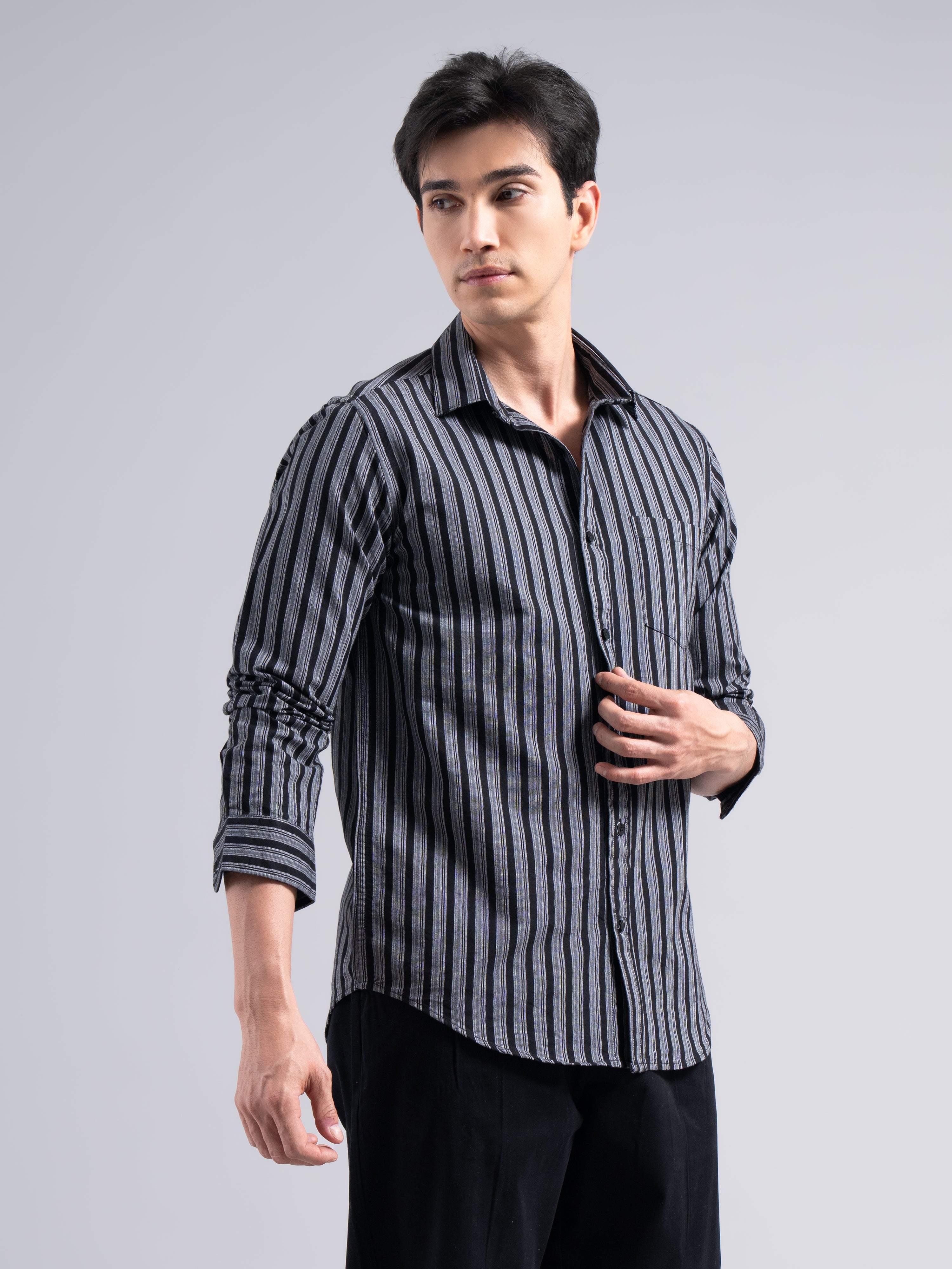Classic Pinstripe Cotton Shirt – Black