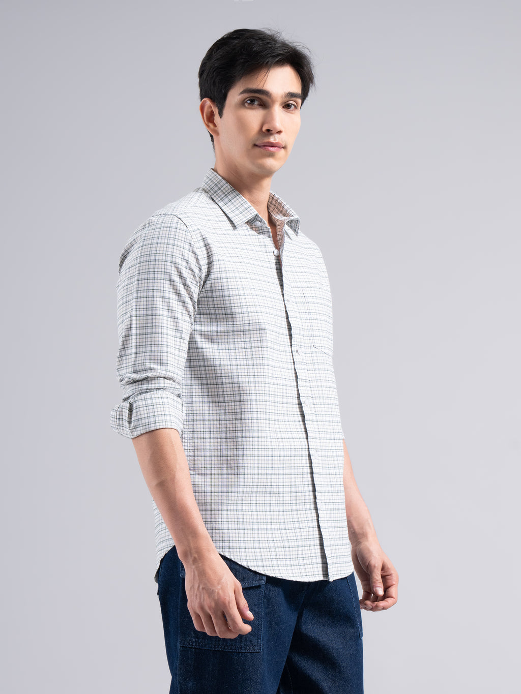 Soft Pastel-Check Cotton Shirt – Beige & Blue