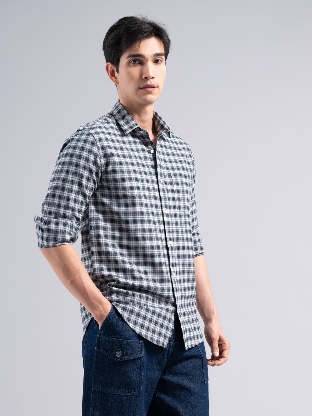 Small-Check Cotton Shirt – Black & Blue