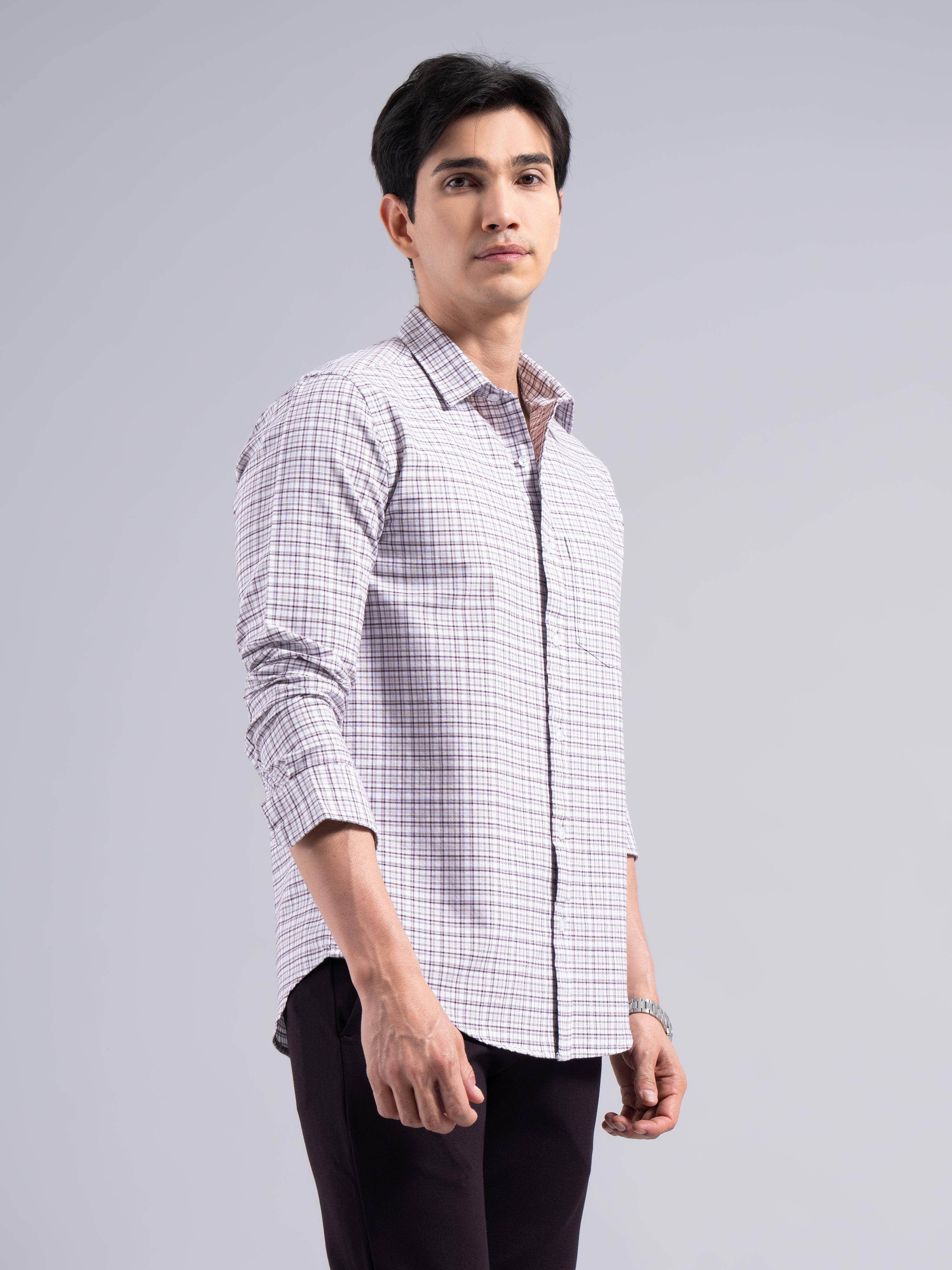 Soft Pastel-Check Cotton Shirt – Purple