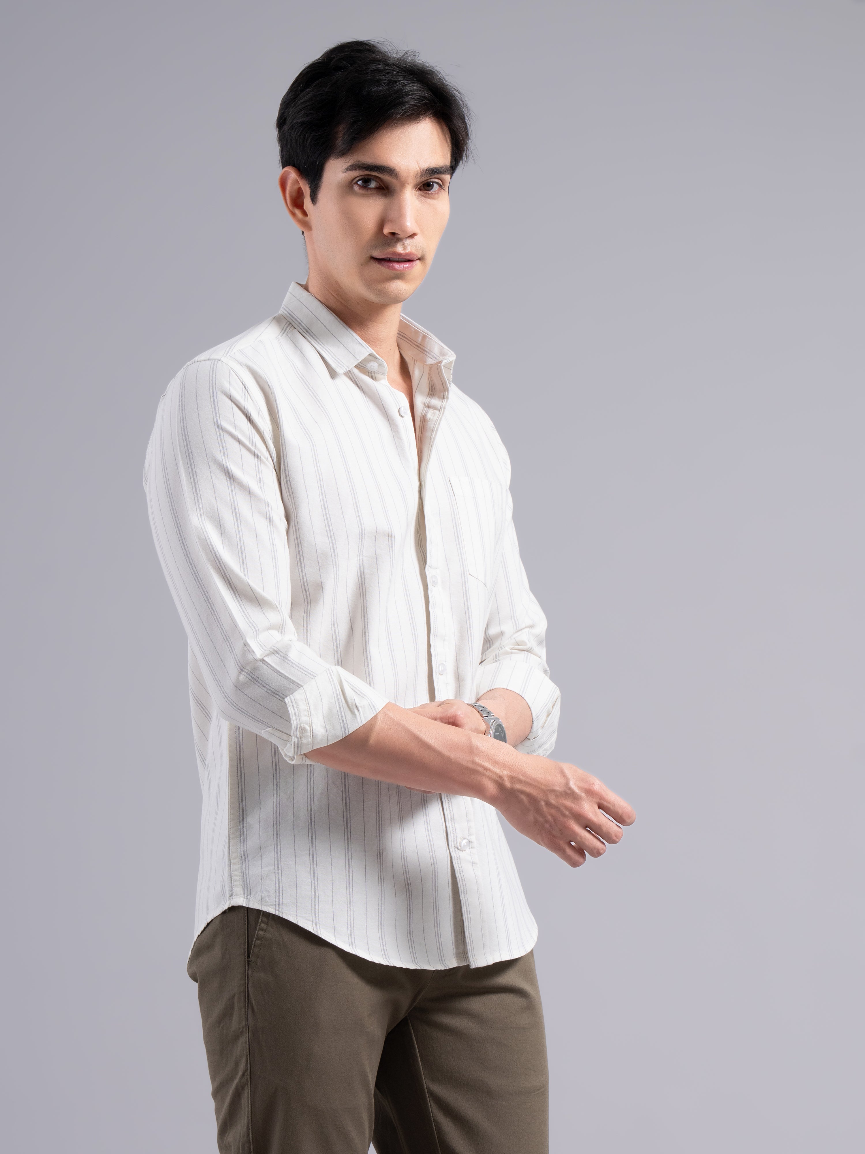 Classic Multi-Stripe Cotton Shirt – Grey