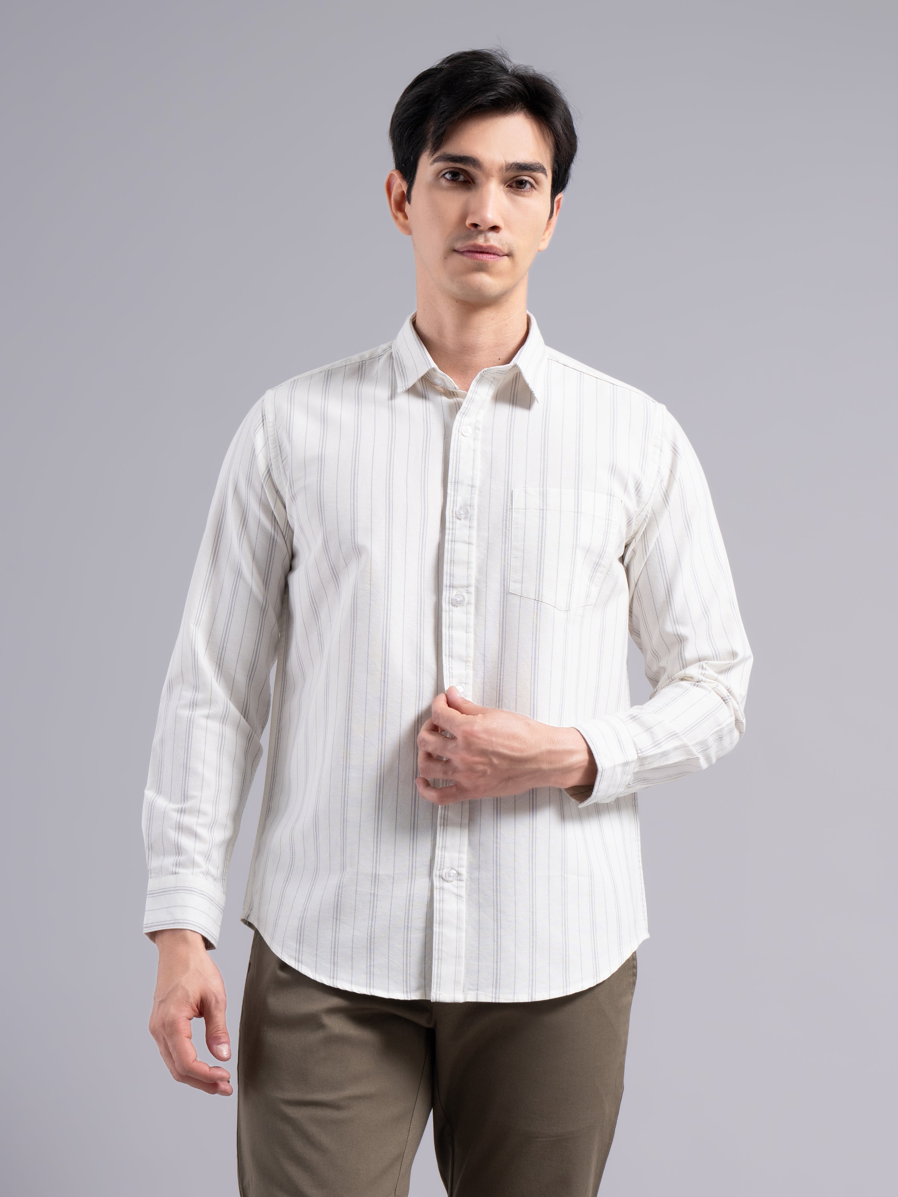 Classic Multi-Stripe Cotton Shirt – Grey
