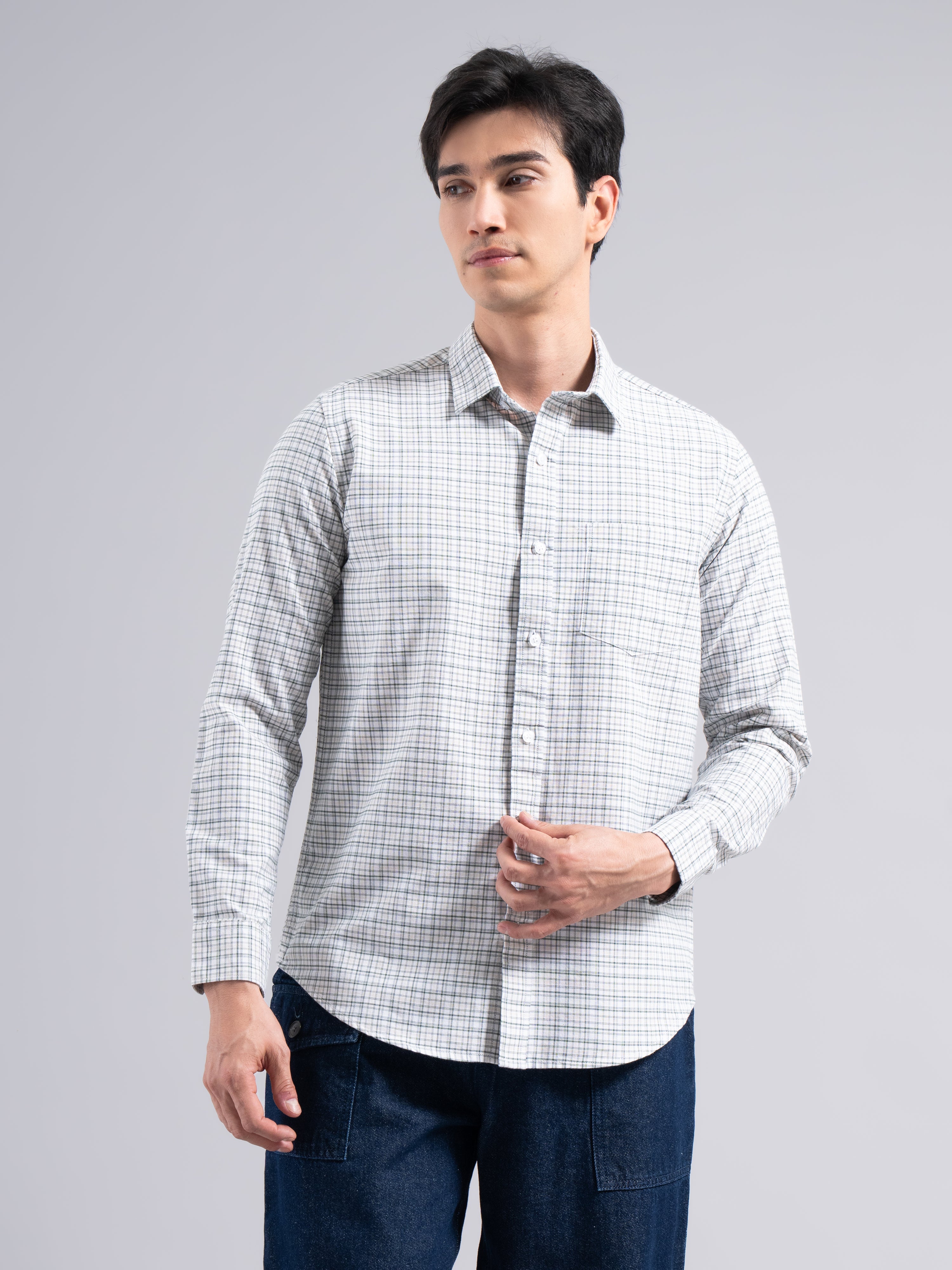Soft Pastel-Check Cotton Shirt – Beige & Blue