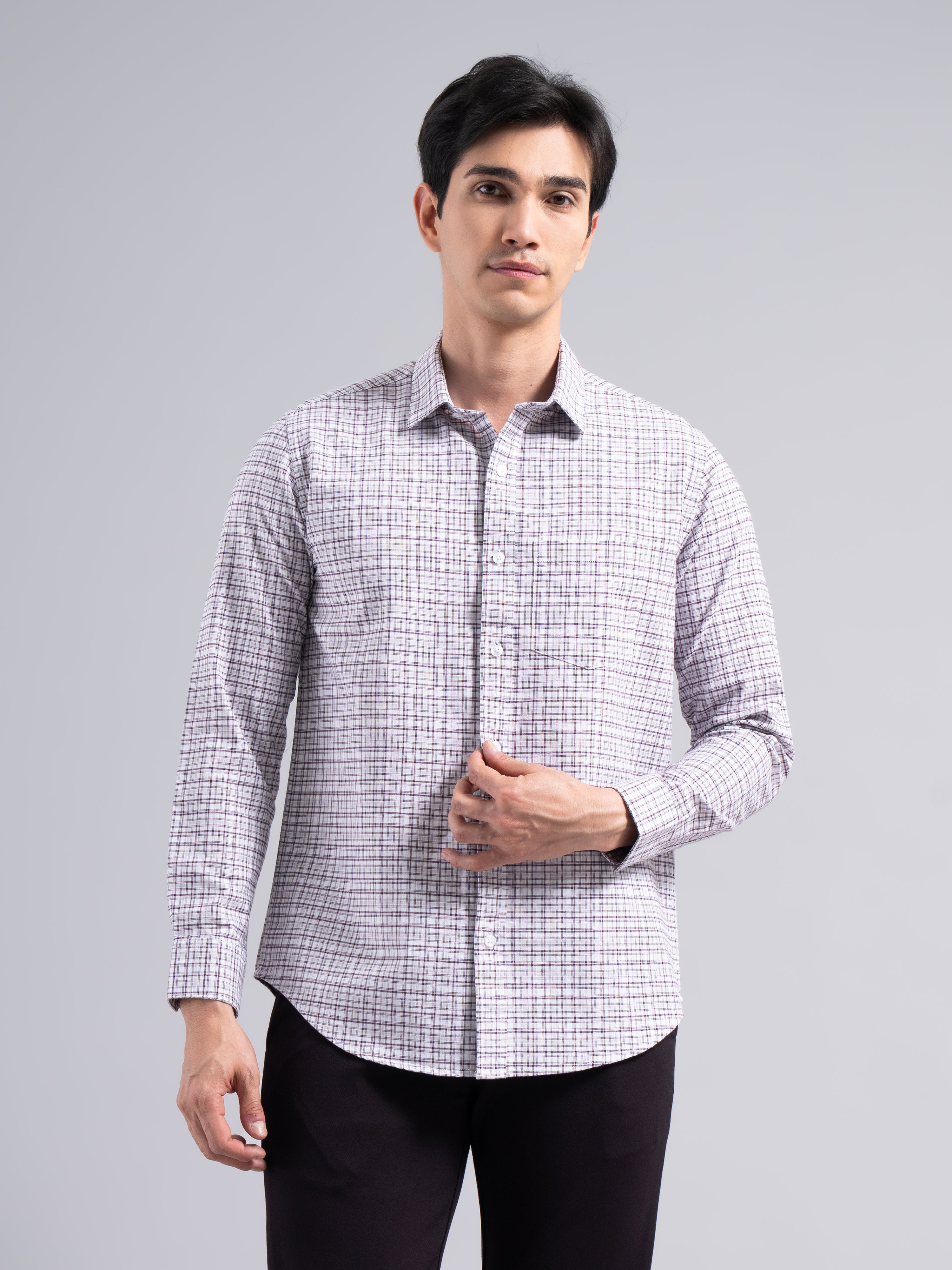 Soft Pastel-Check Cotton Shirt – Purple