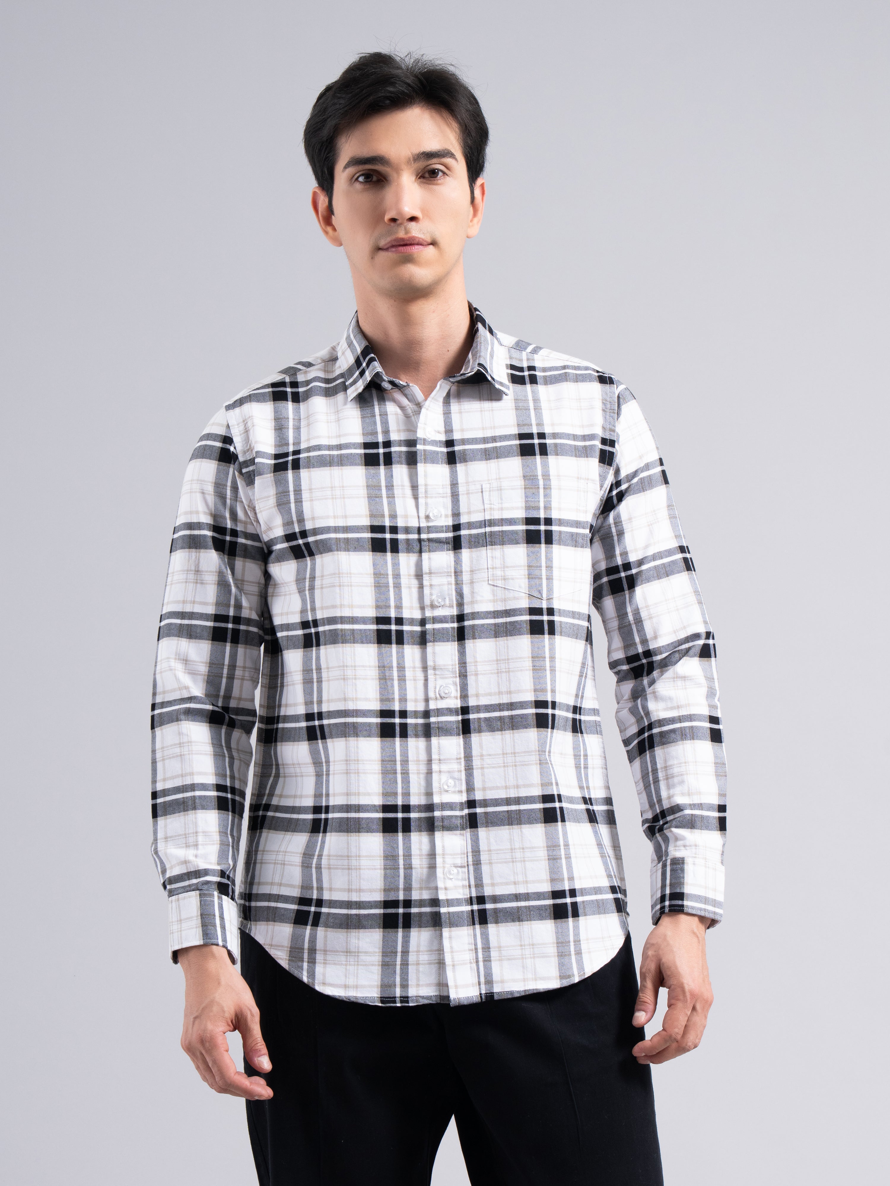 Big-Check Cotton Shirt – White