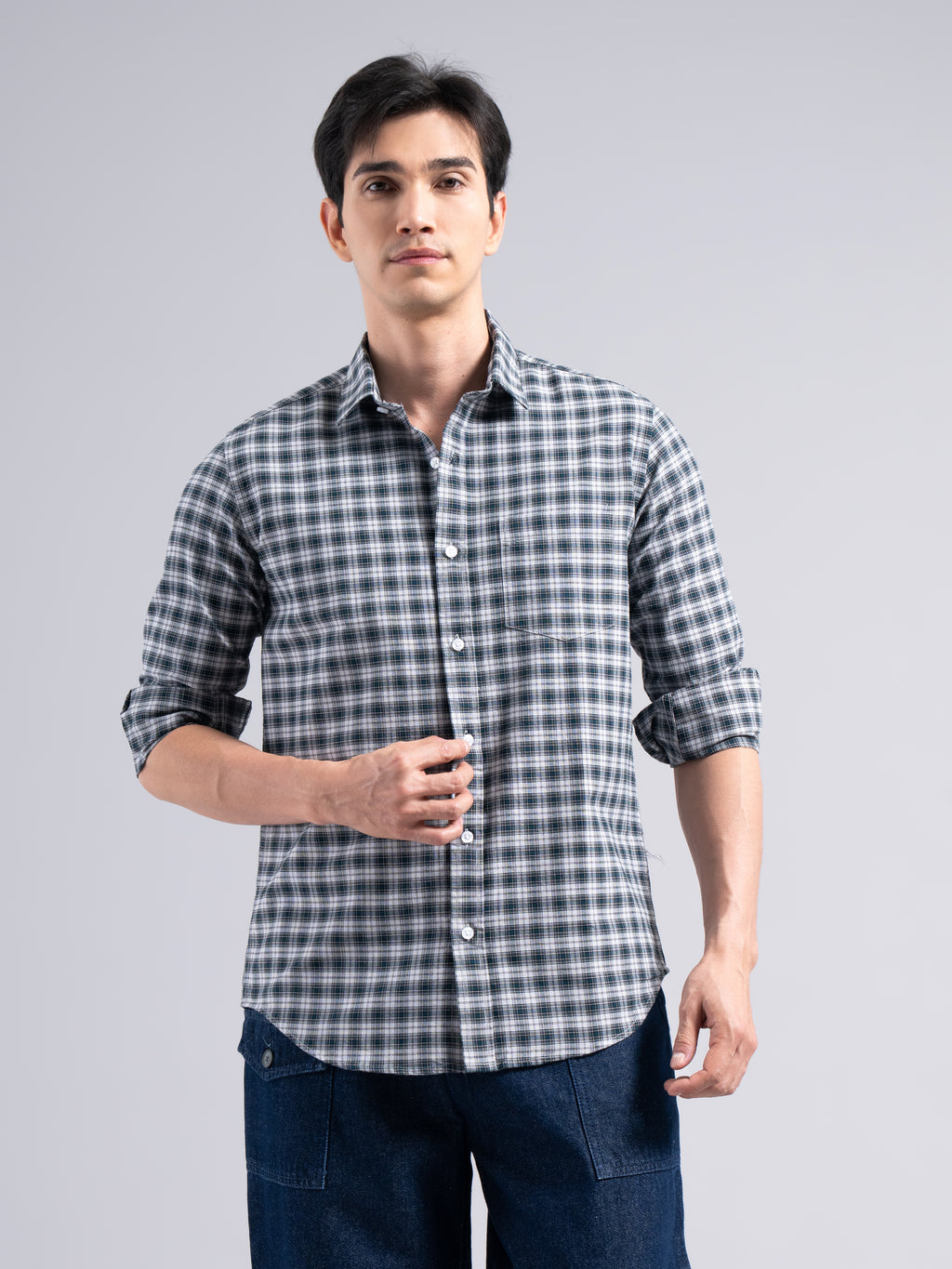 Small-Check Cotton Shirt – Black & Blue
