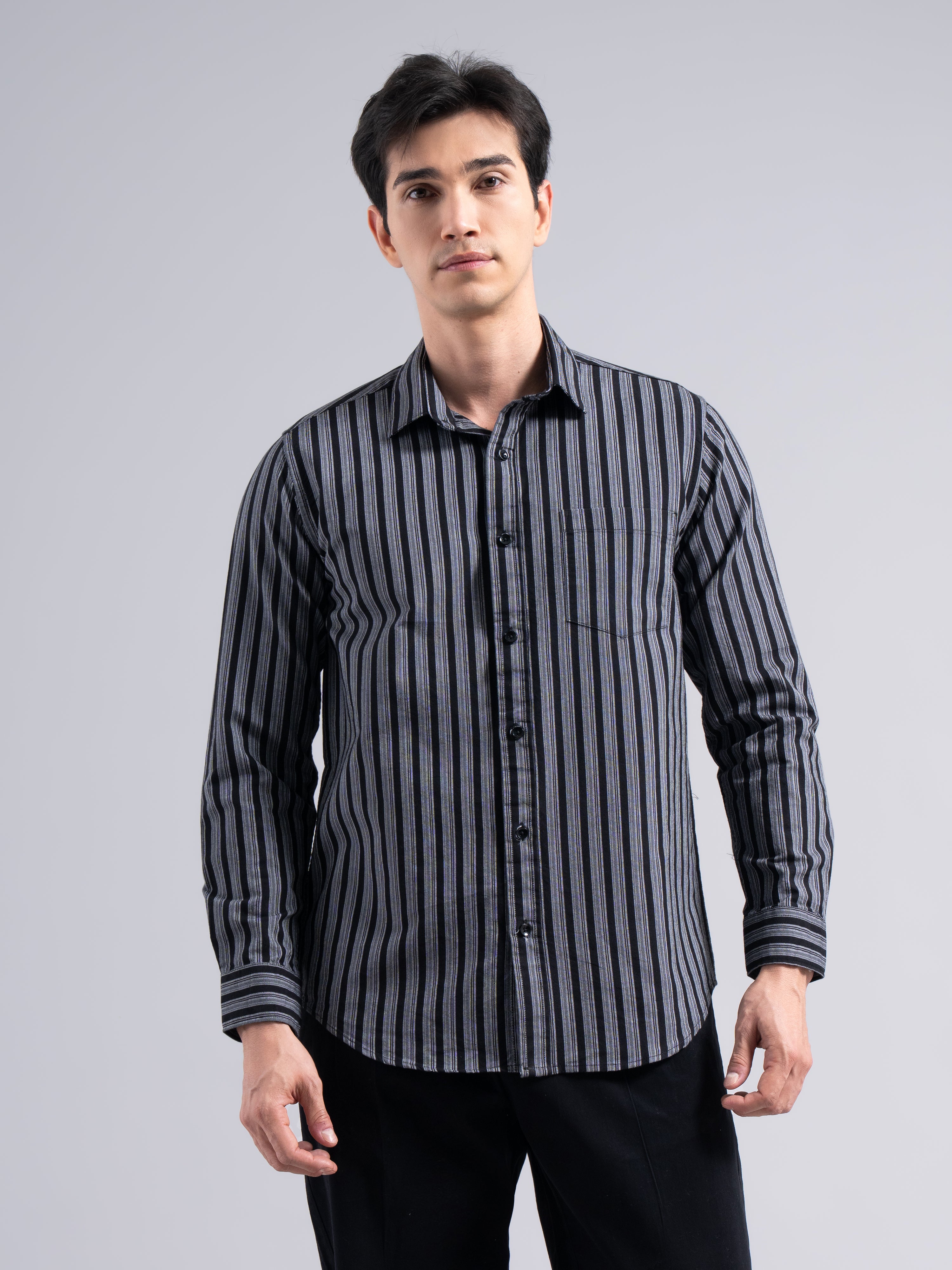Classic Pinstripe Cotton Shirt – Black