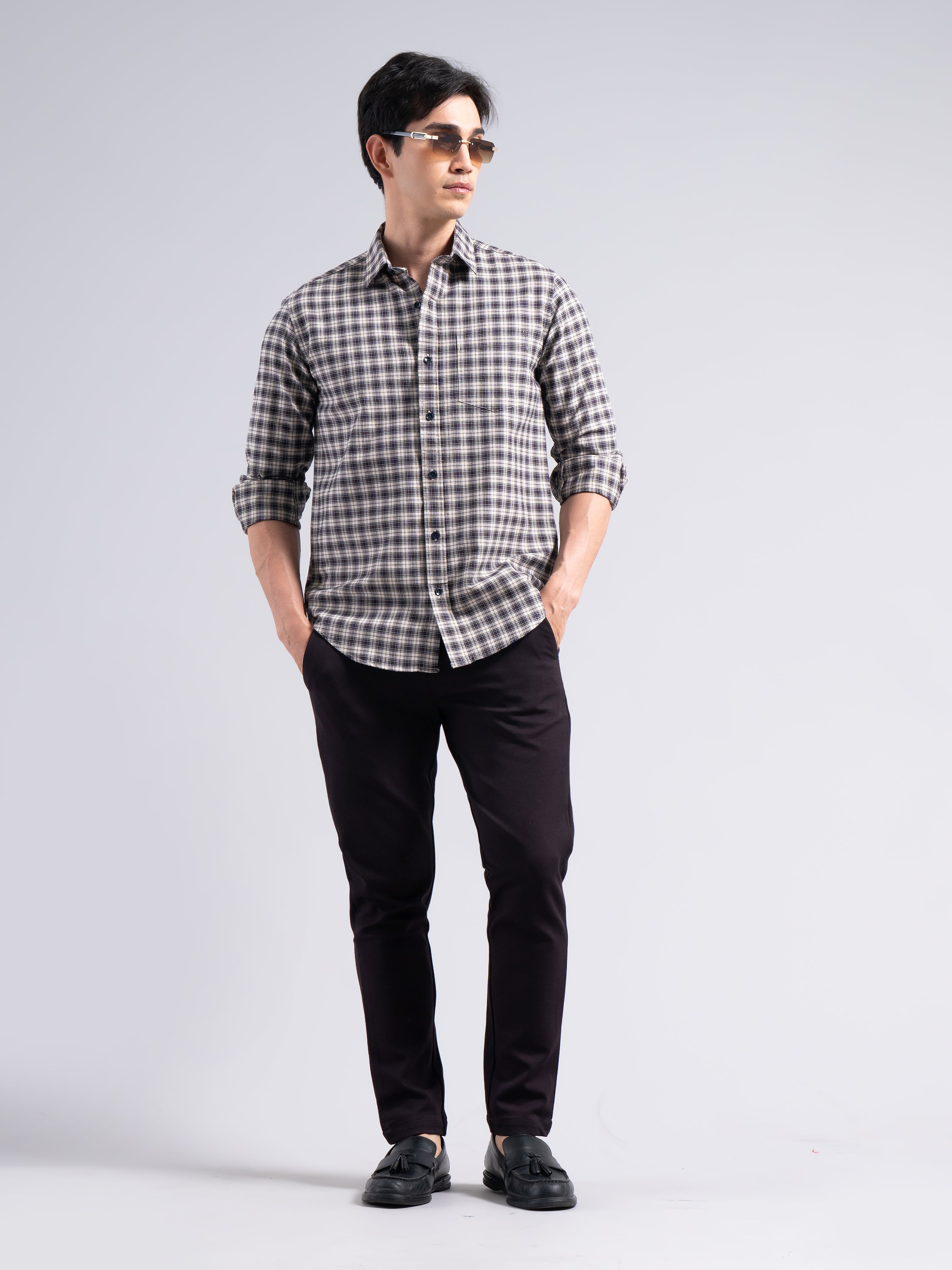 Small-Check Cotton Shirt – Black