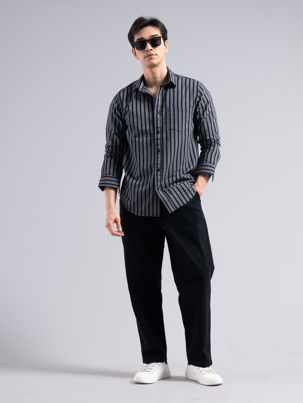 Classic Pinstripe Cotton Shirt – Black