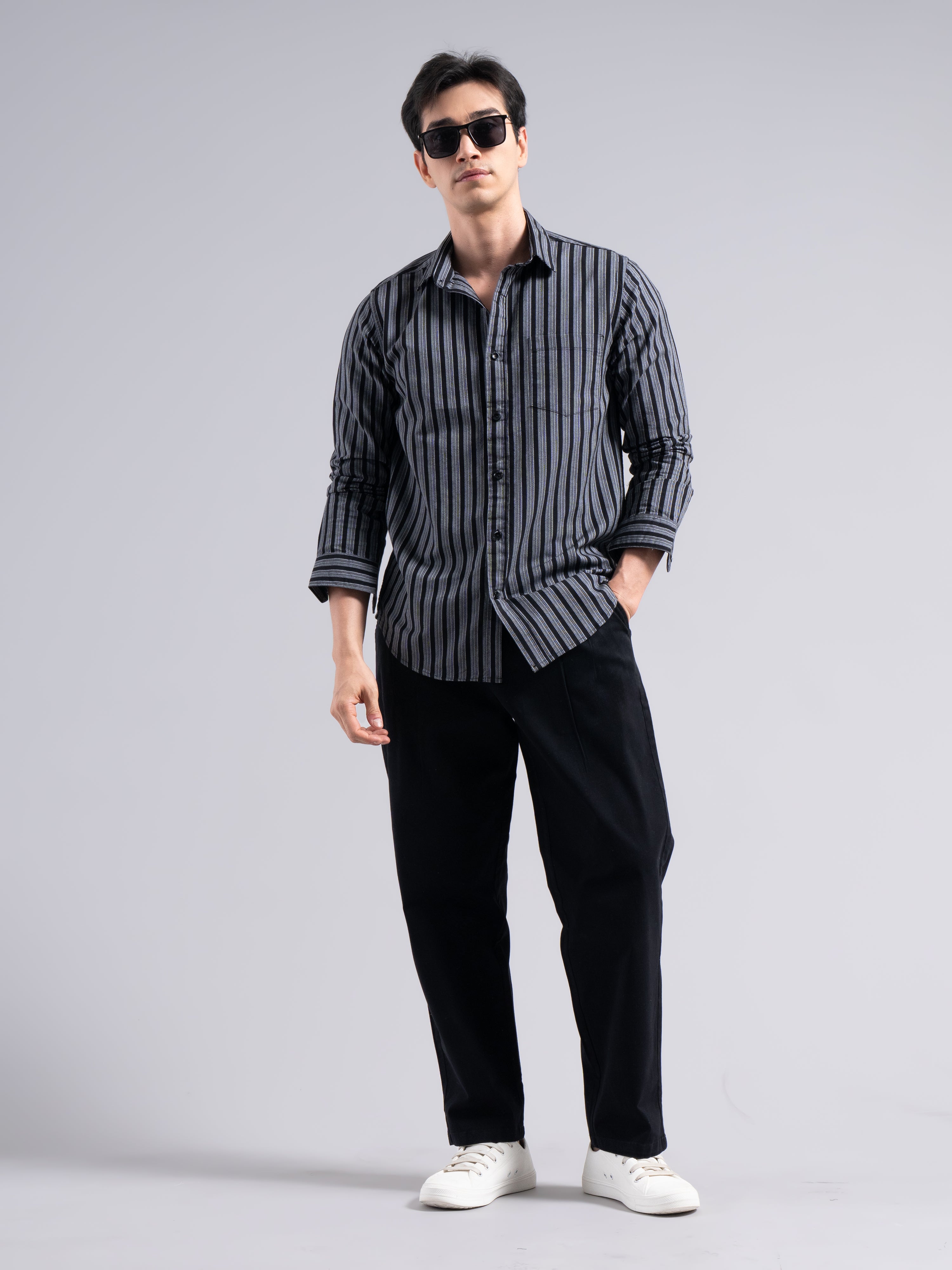 Classic Pinstripe Cotton Shirt – Black