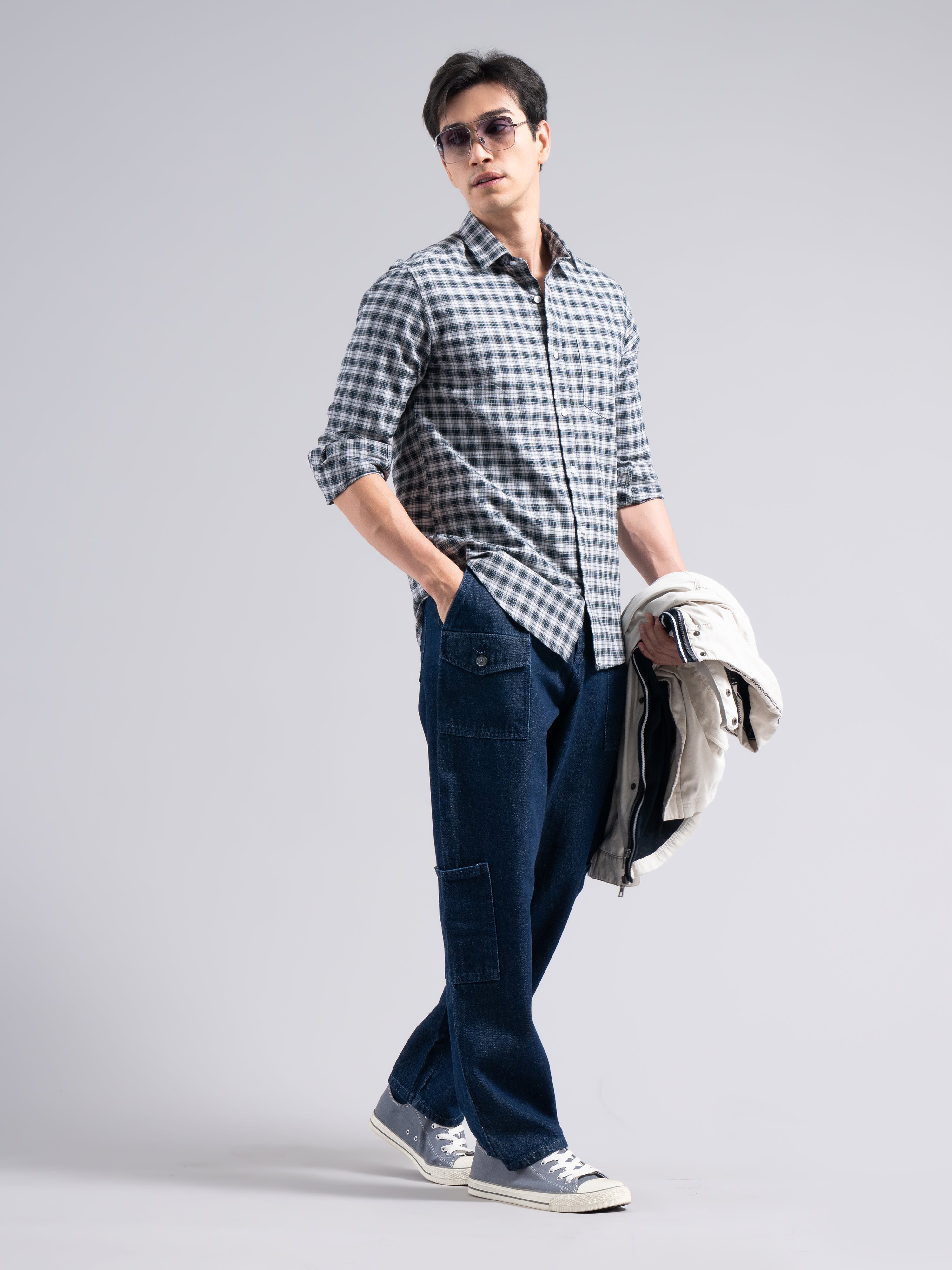 Small-Check Cotton Shirt – Black & Blue