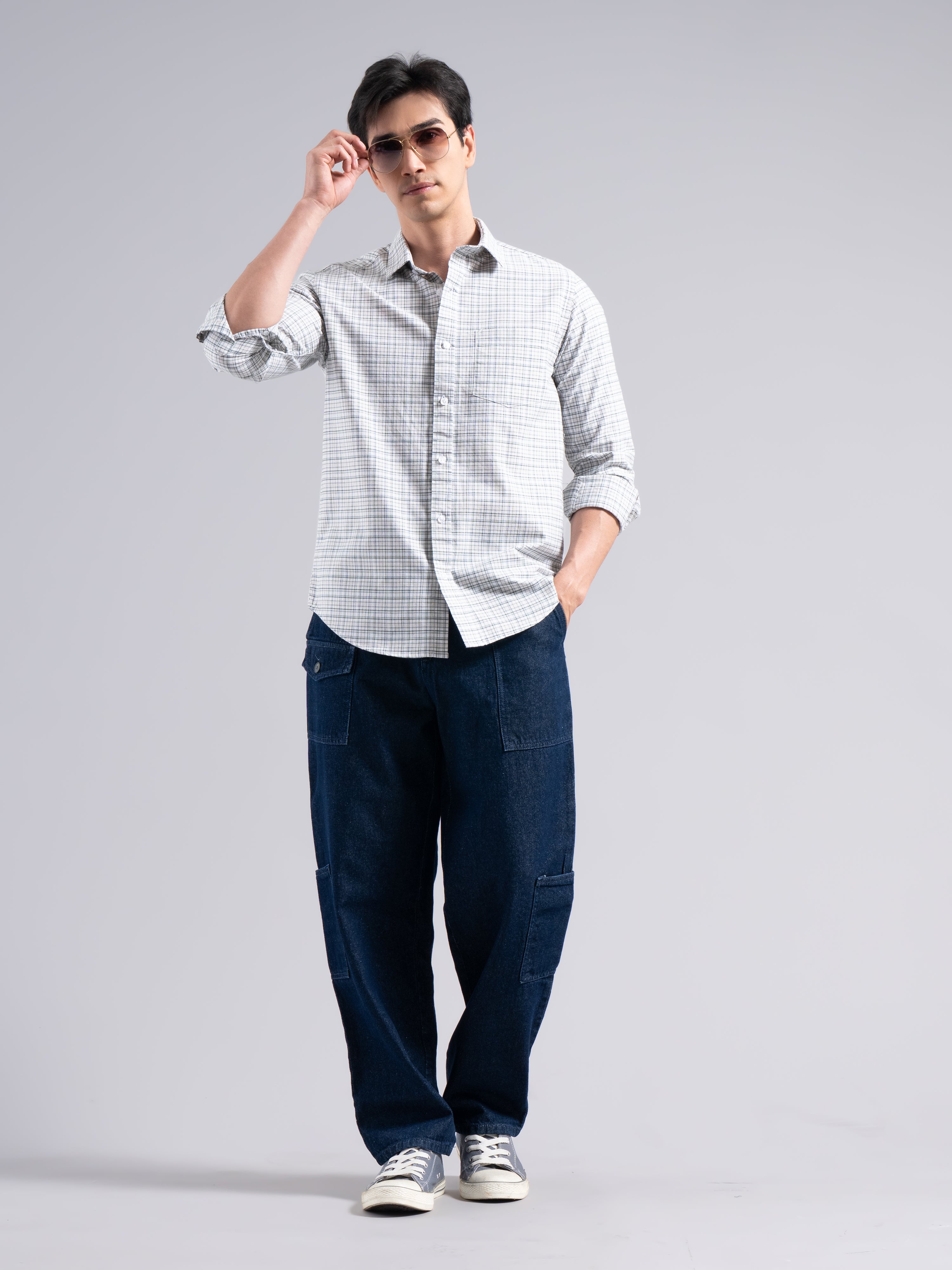 Soft Pastel-Check Cotton Shirt – Beige & Blue